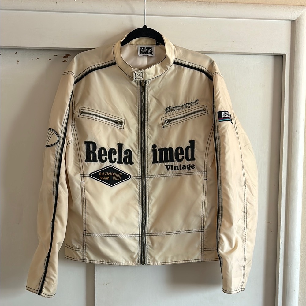 Reclaimed Vintage Cream Racing Patch Leather Jacket
